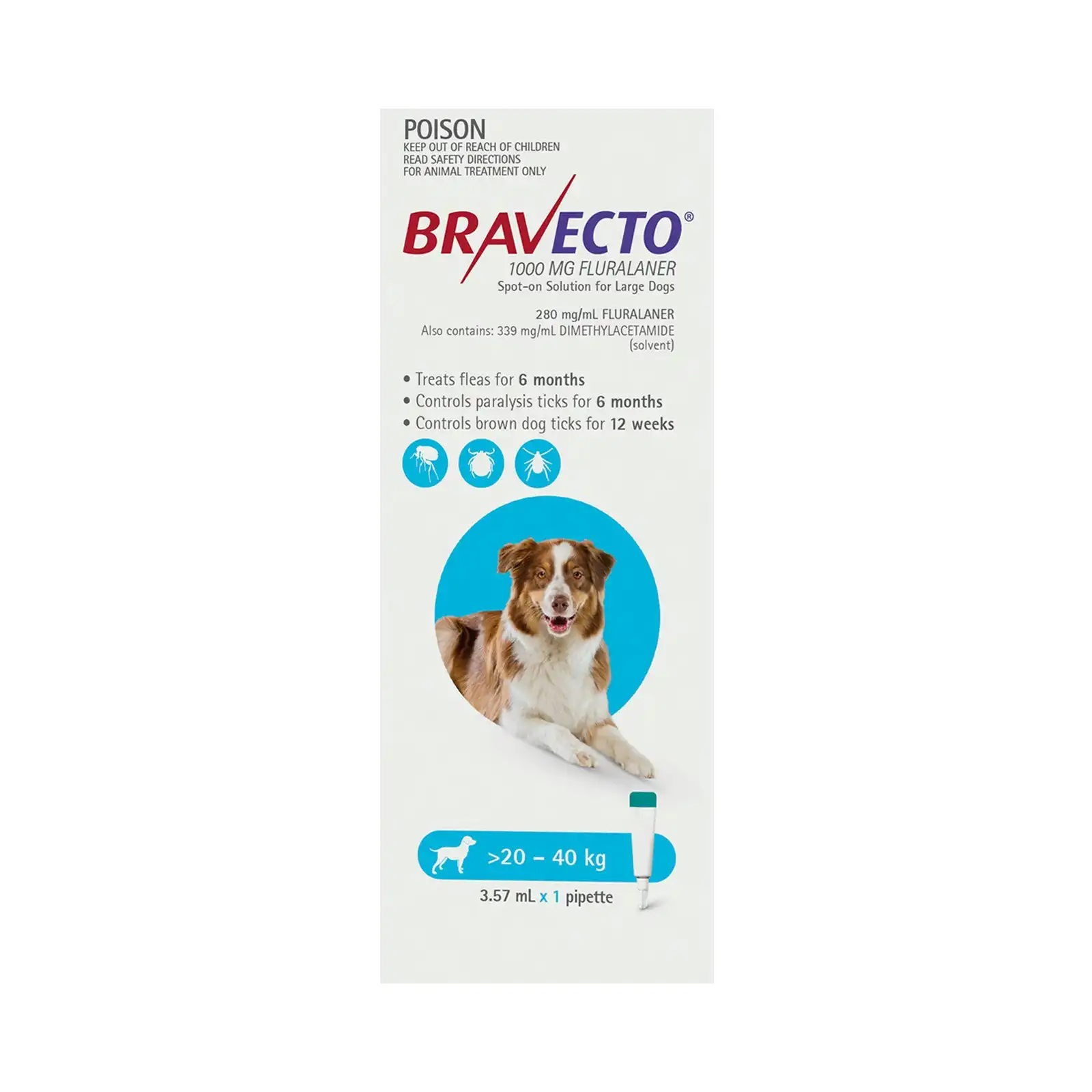 Bravecto Spot On For Large Dogs 20-40kg (Aqua/Blue) 1 Pipette