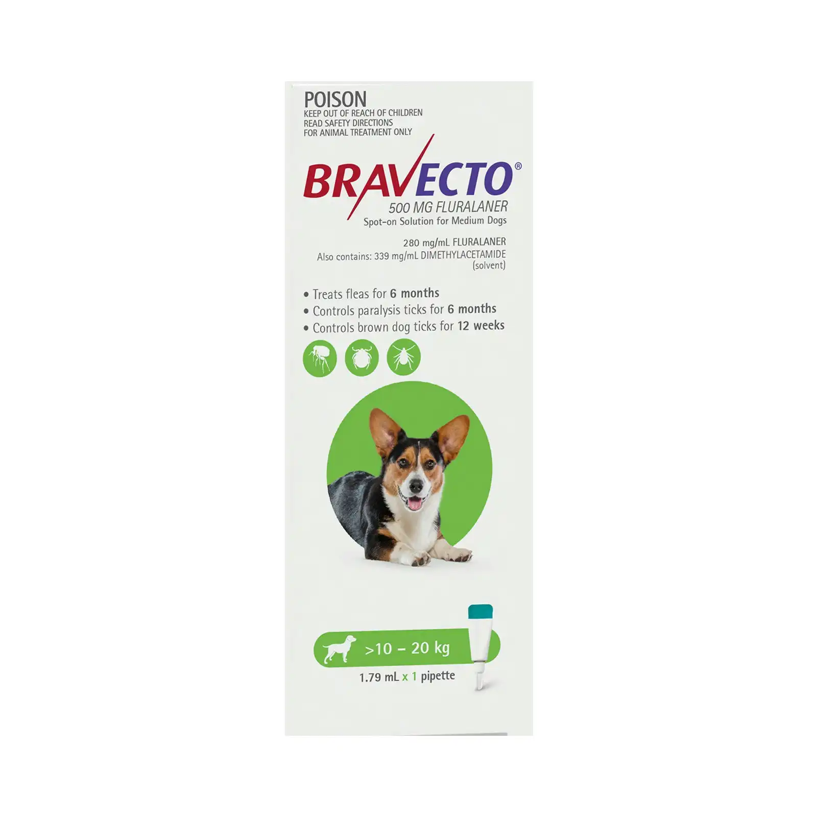 Bravecto Spot On For Medium Dogs 10-20Kg (Green) 2 Pipettes