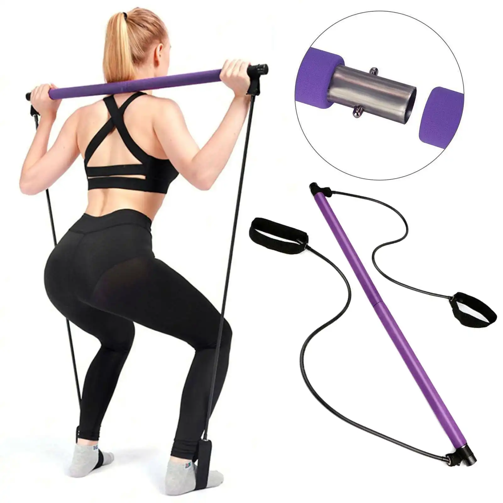 TODO Portable Pilates Bar Kit Yoga Pilates Stick Muscle Toning Bar Rope Resistant Band
