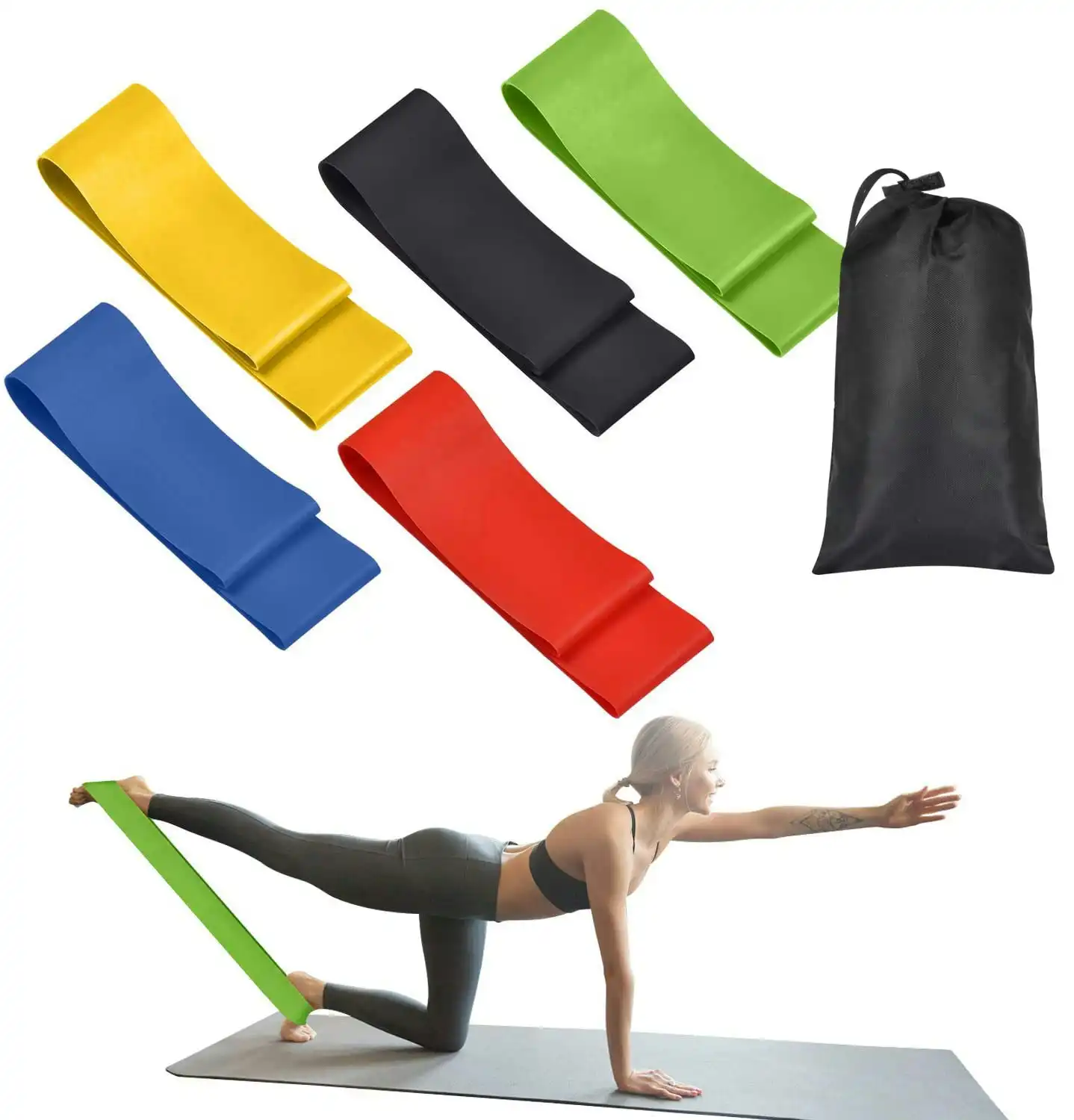 Exercise Pilates Yoga Loop Resistance Band Workout Physio Stretch Aerobics 5 Set + Bag