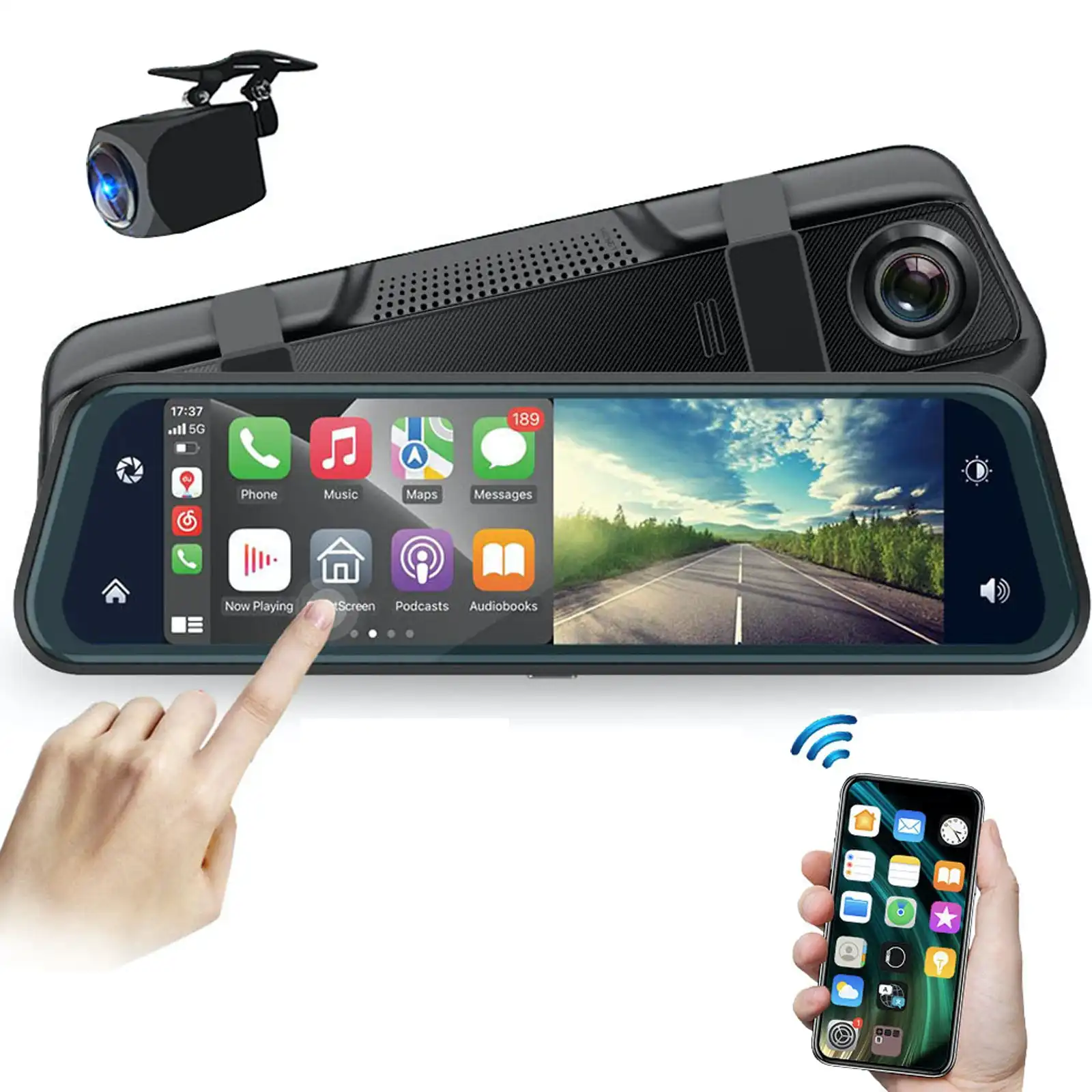 9.66" FHD Touch Screen Car DVR Crash Camera Recorder Bluetooth Sync WiFi GPS Rear Camera