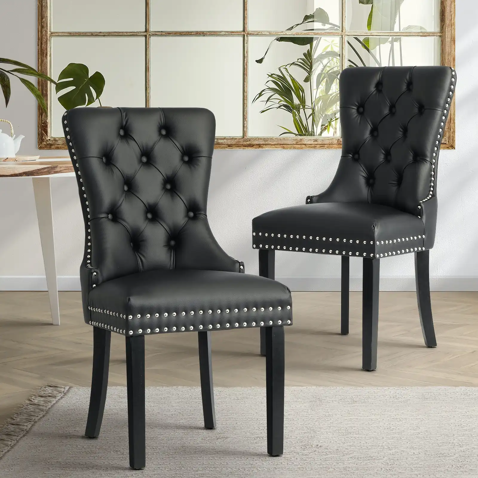 Oikiture 2x Dining Chairs Upholstered French Provincial Tufted PU Leather Black