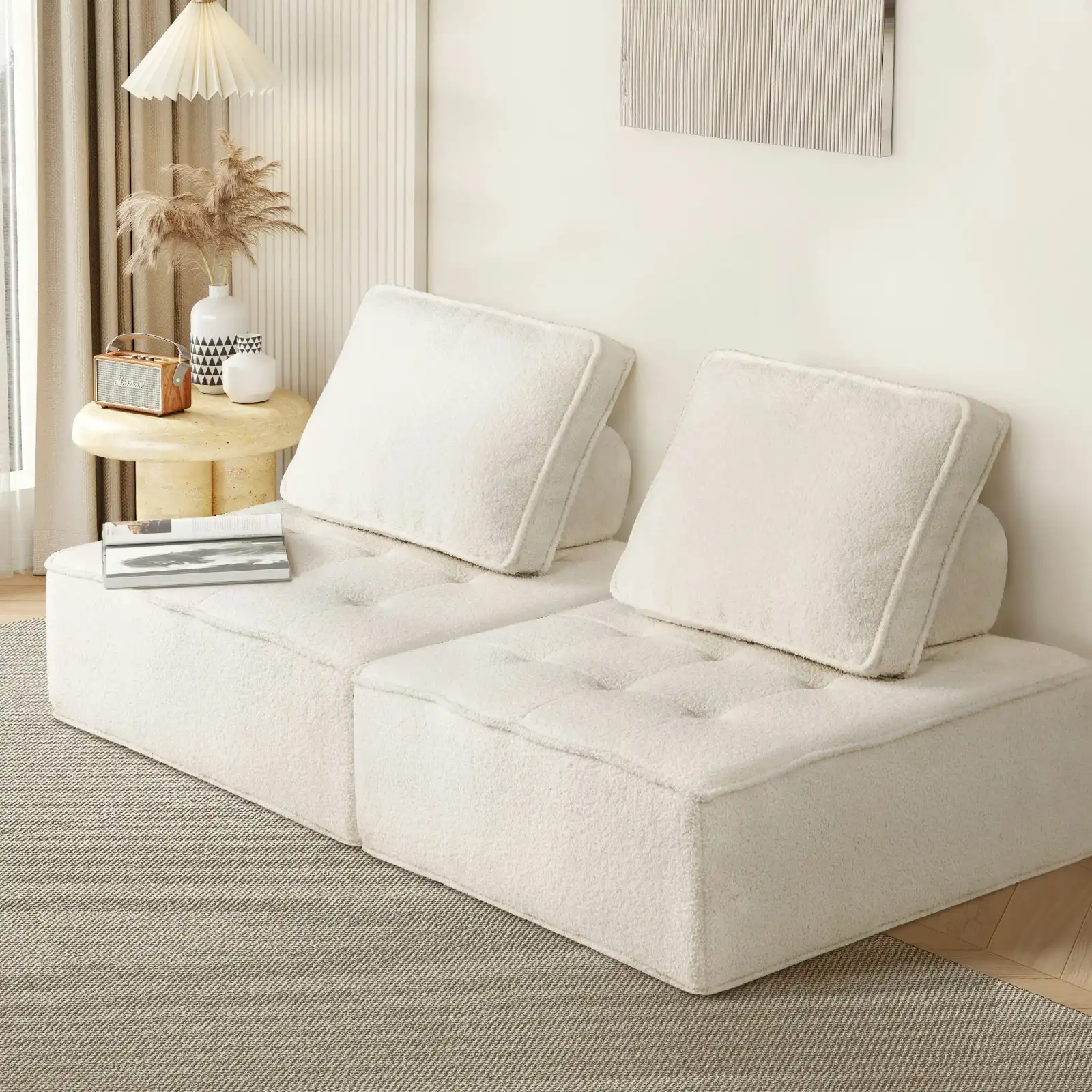 Oikiture 2PCS Modular Sofa Lounge Chair Armless Adjustable Back Sherpa White