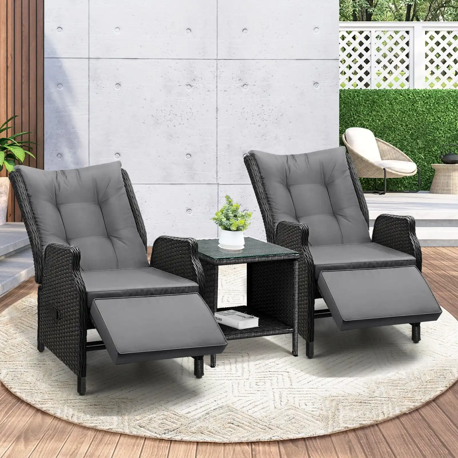 Livsip Sun Lounge Outdoor Recliner Chair &Table Outdoor Furniture Patio Set of 3