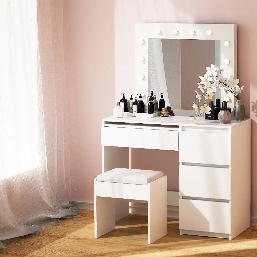 Artiss Dressing Table LED Makeup Mirror Stool Set 12 Bulbs Vanity Desk White