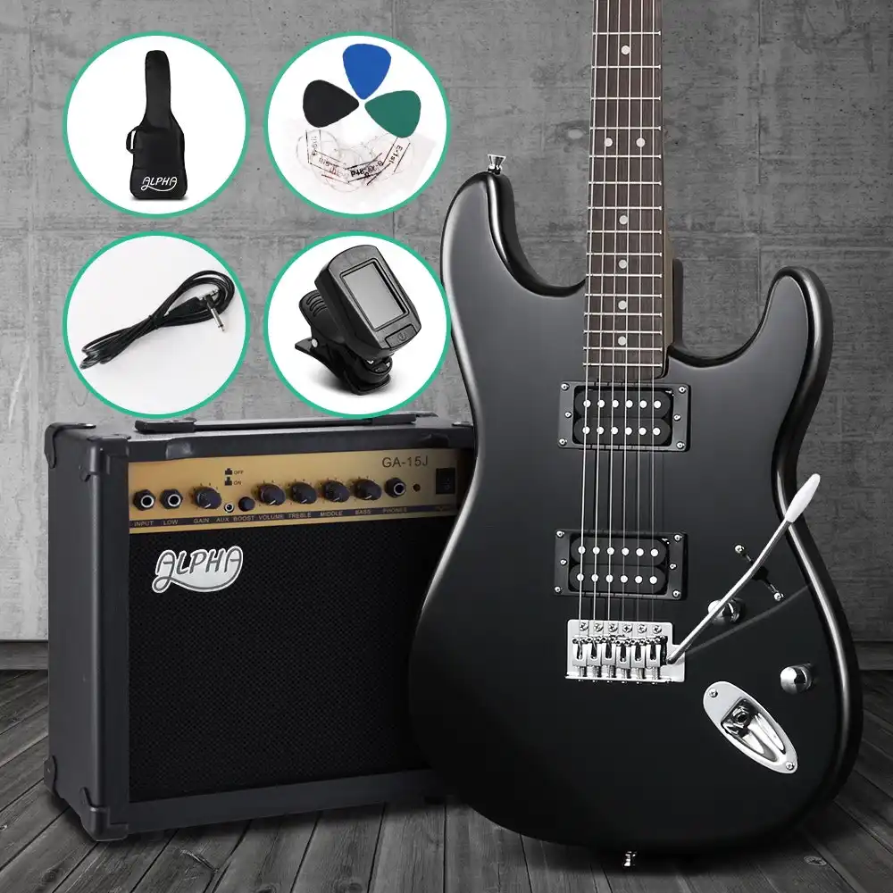 Alpha Electric Guitar 41 Inch Bass Guitars With Amplifier Picks Strings Tuner and Cable Black