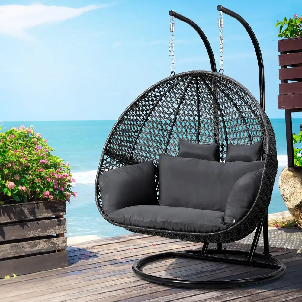 Gardeon Outdoor Hanging Pod Swing Chair Wicker 2 Person Grey