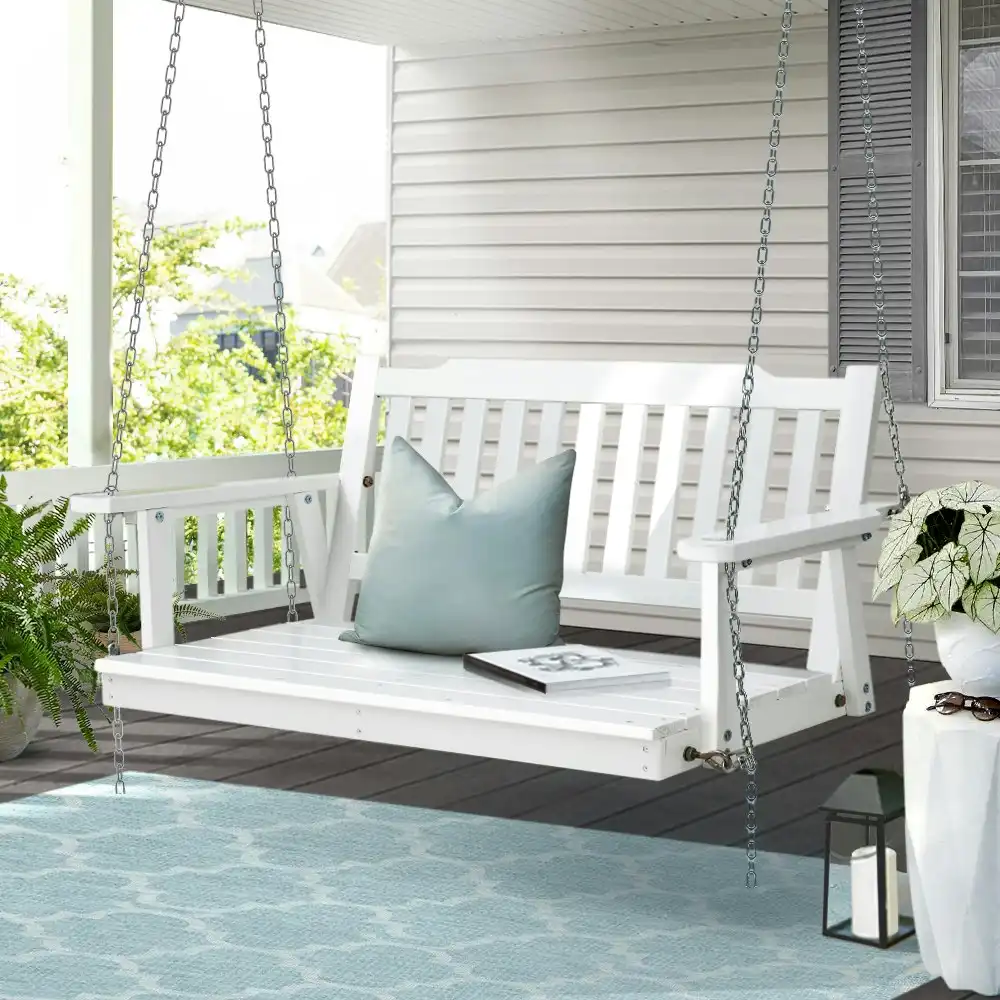 Gardeon Porch Swing Chair With Chain Outdoor Furniture Wooden Bench 2 Seat White