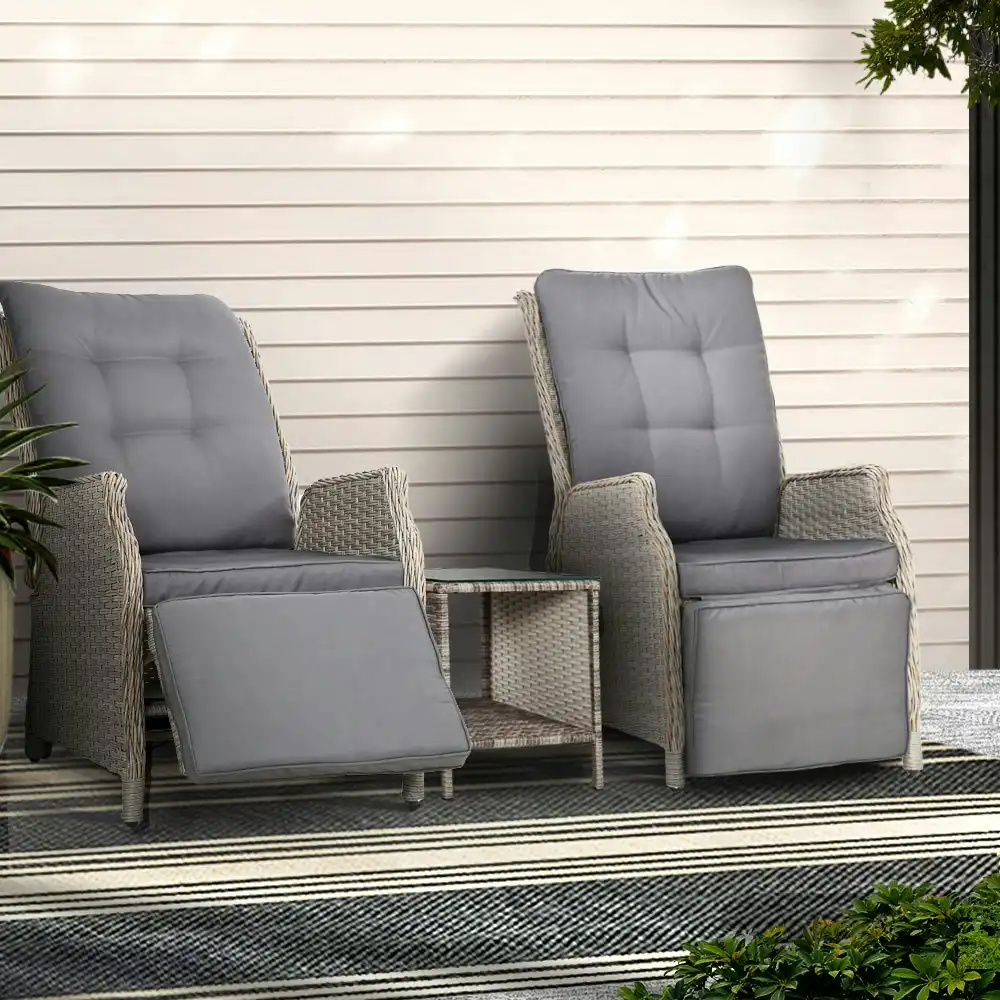 Gardeon 3PC Recliner Chairs Table Sun lounge Outdoor Furniture Wicker Adjustable Grey