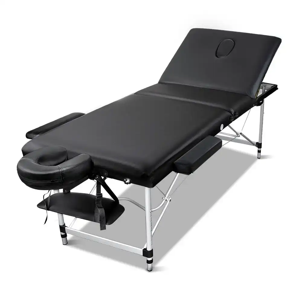 Zenses 60CM Wide Portable Aluminium Massage Table 3 Fold Beauty Bed Therapy Waxing Black