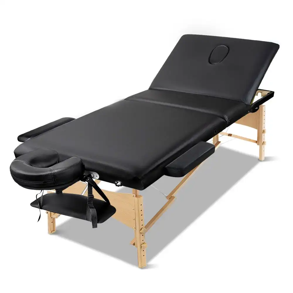 Zenses 60CM Wide Wooden Portable Massage Table 3 Fold Beauty Therapy Bed Waxing BLACK