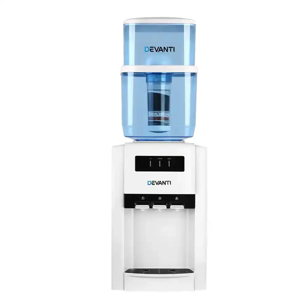 Devanti Water Cooler Dispenser Bench Top Ceramic Tap Water Purifier 22L Filter Container Bottle Stand Hot/Cold/Room Temperature Taps Office Kitchen