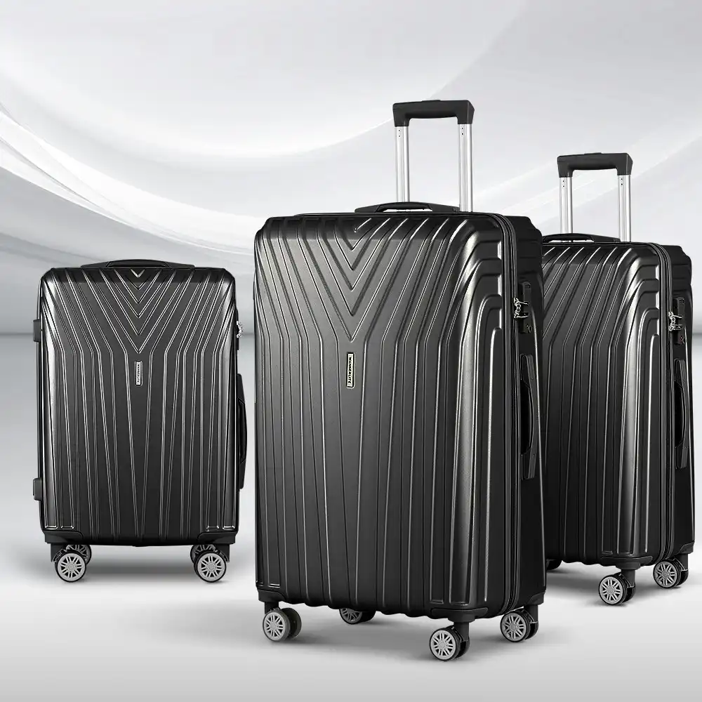 Wanderlite 3pc Luggage Trolley Set Suitcase Travel TSA Hard Case Carry On Black Lightweight