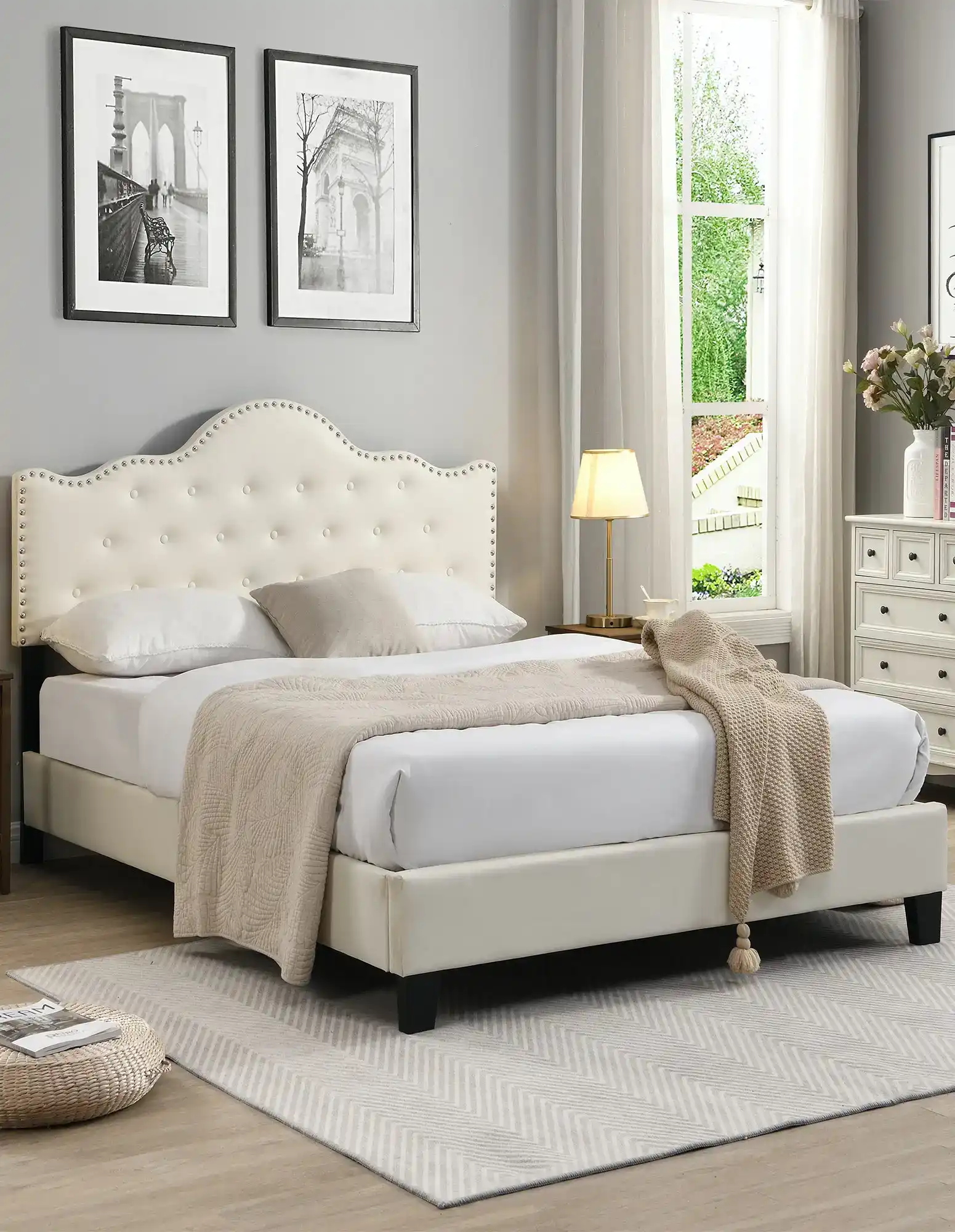 IHOMDEC Upholstered Button Tufted Double Bed Frame BEF05 Beige
