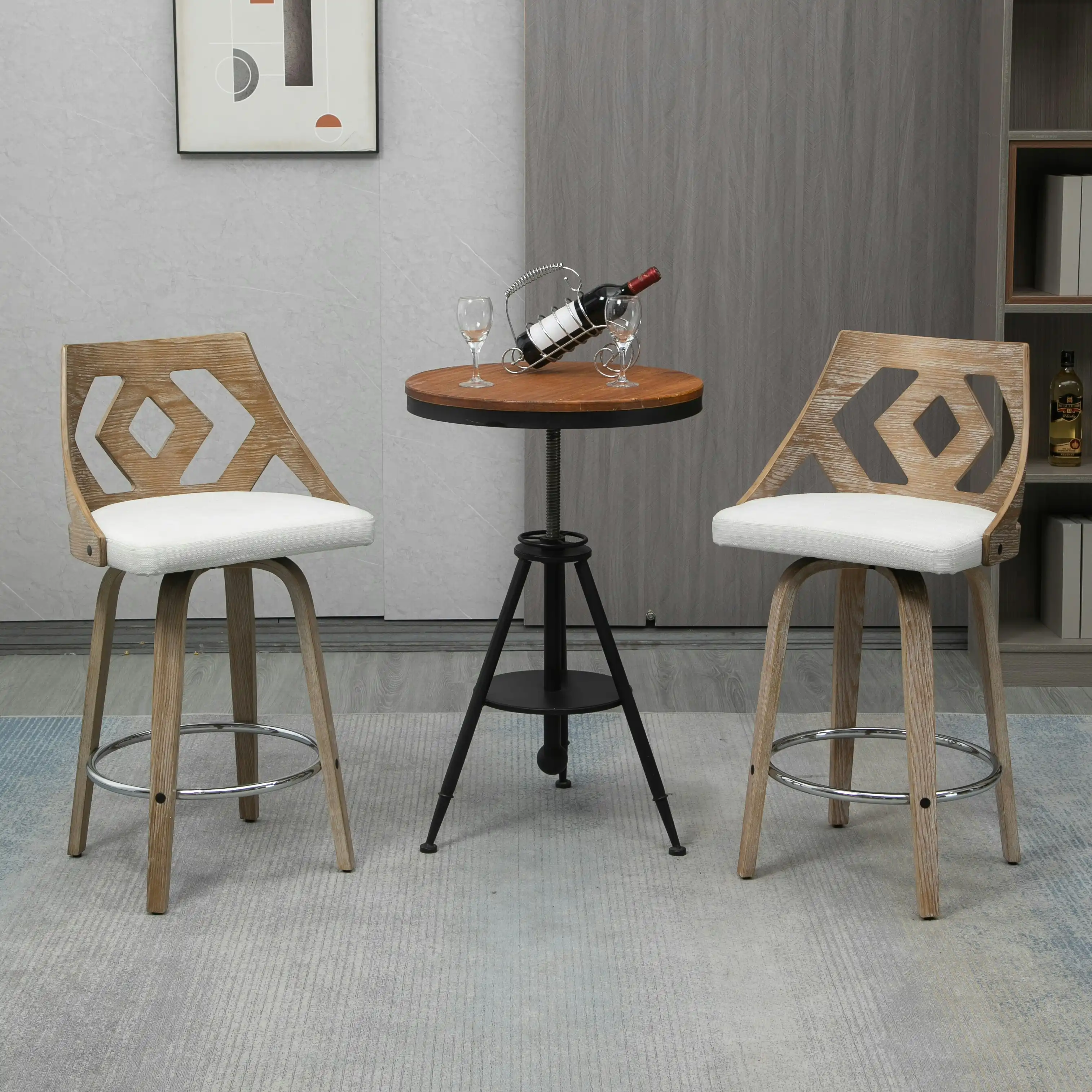 IHOMDEC Swivel Bar Stool with Cut Out Back in Beige Fabric Upholstery and White Brushed Oak Wood, 2pcs/Set