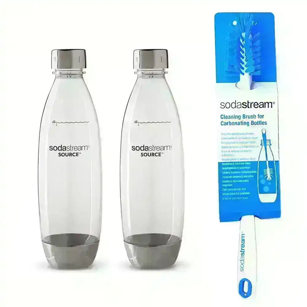 2PK SodaStream 1L Carbonating Bottle Metal  f/ Drink Maker w/Cleaning Brush