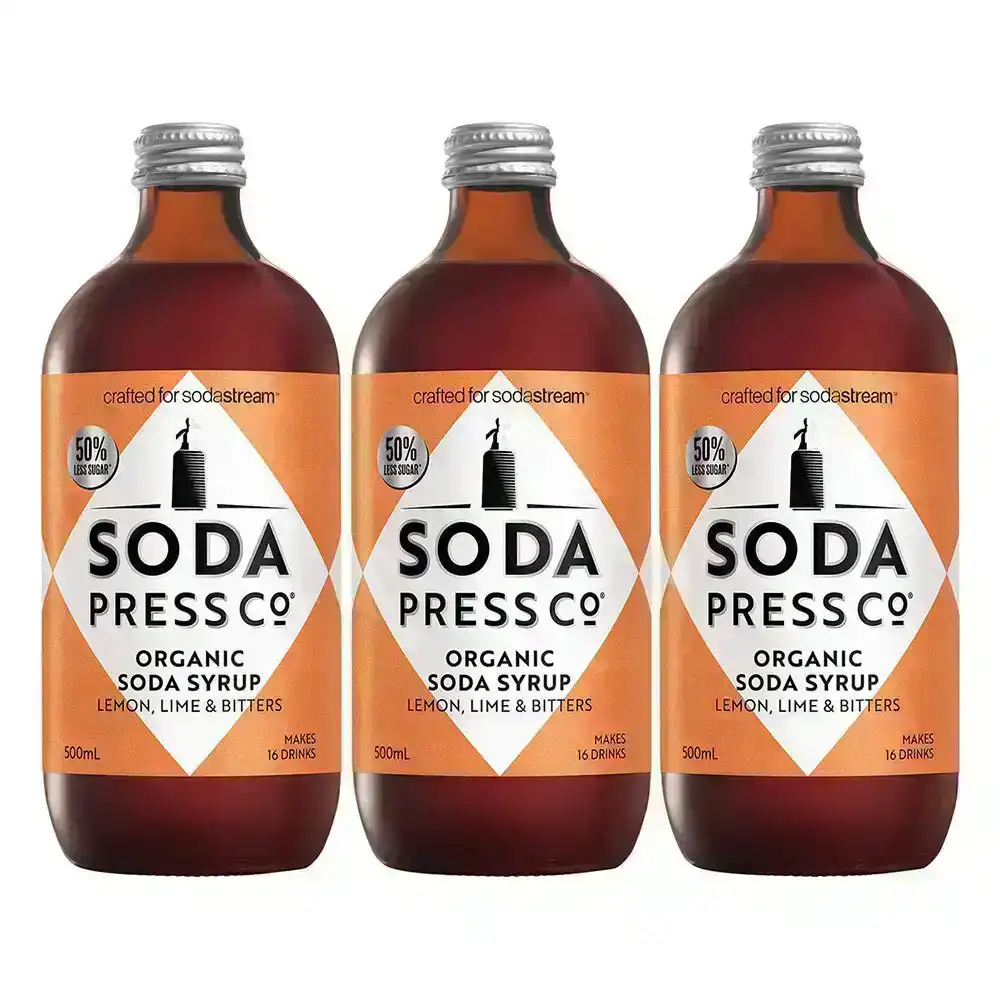 3x SodaStream 500ml Soda Press Organic Syrup 50% Less Sugar Lemon/Lime & Bitters
