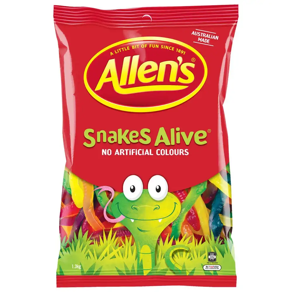 Allen's 1.3kg Snakes Alive Soft Chewy Gummy Candy/Lolly/Assorted Sweet Snack Bag