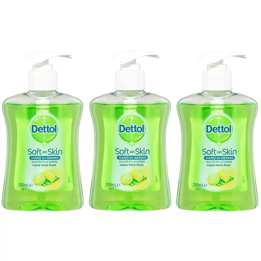 3x Dettol 250ml Liquid Home Hand Care Wash Antibacterial Soap Lemon/Lime Pump