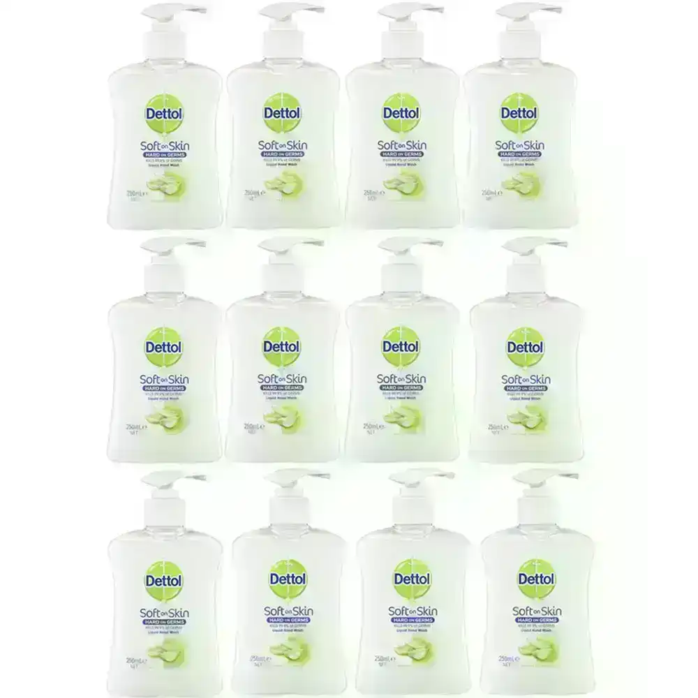 12pc Dettol 250ml Liquid Hand Wash Soap Antibacterial Aloe Vera/Vitamin E w Pump