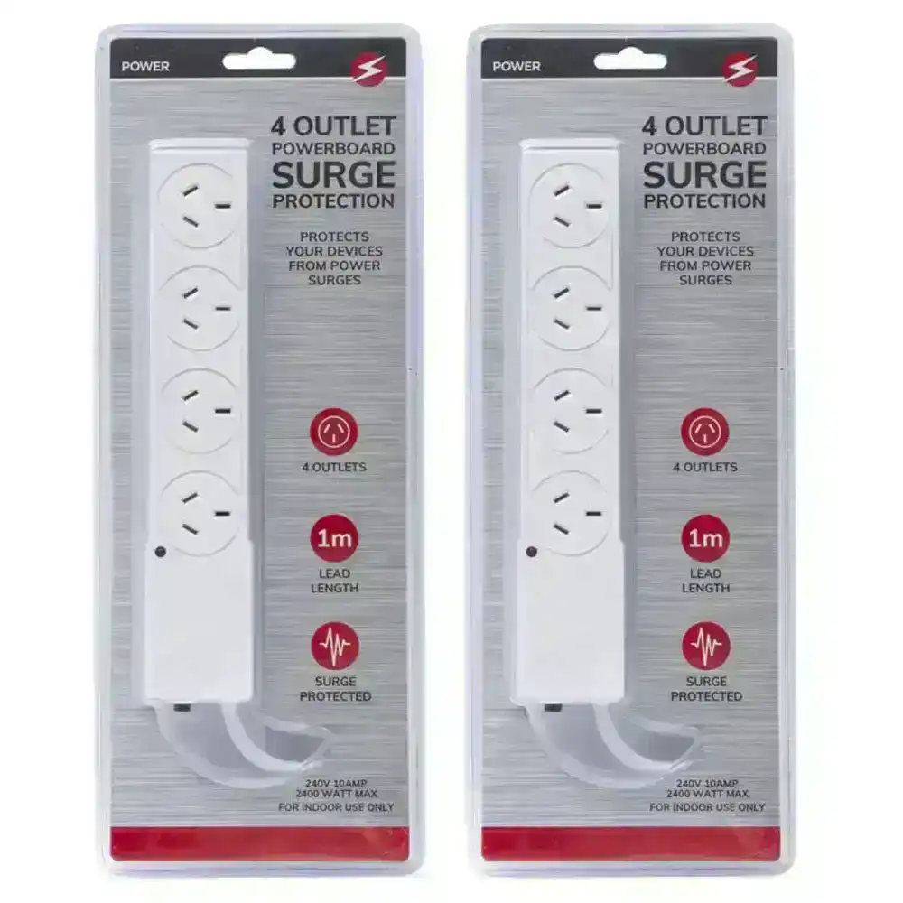 2x Power 4 Outlet Powerboard 1m Lead Extension Strip Socket w/ Surge Protection