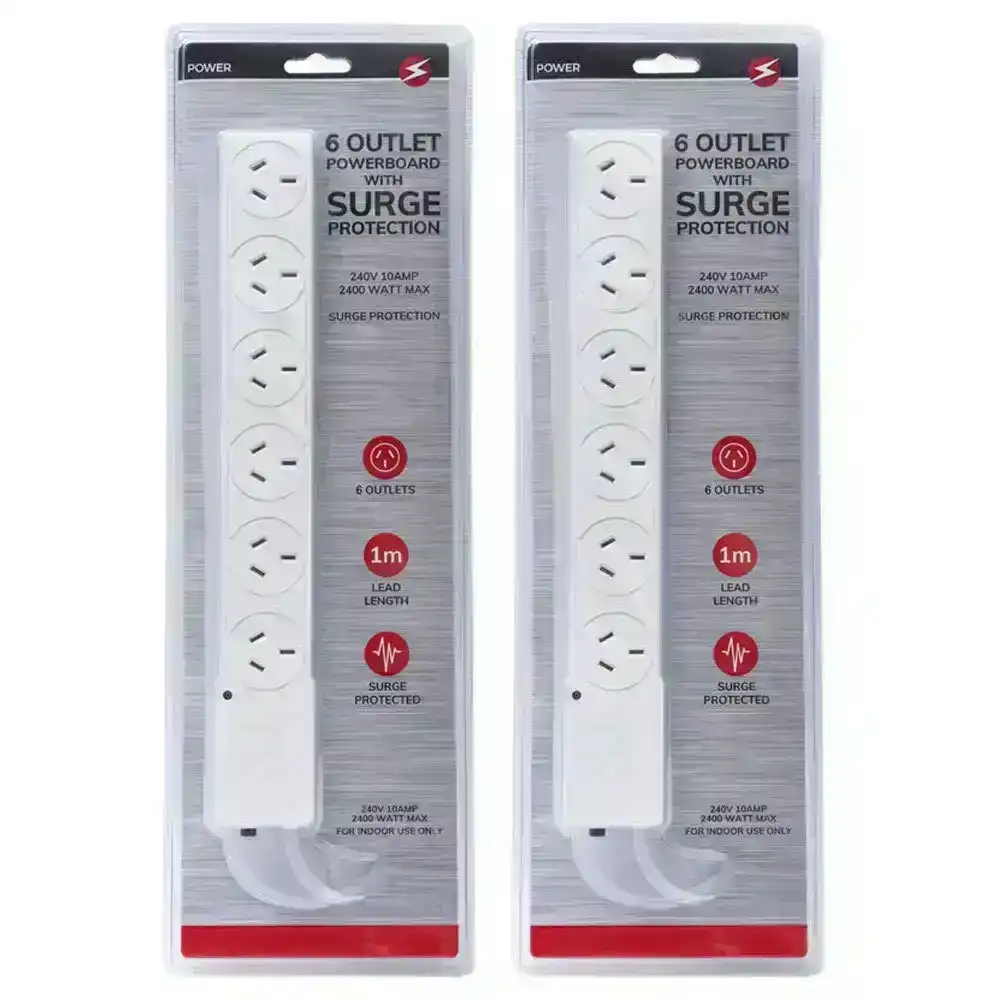 2x Power 6 Outlet Powerboard 1m Lead Extension Strip Socket w/ Surge Protection