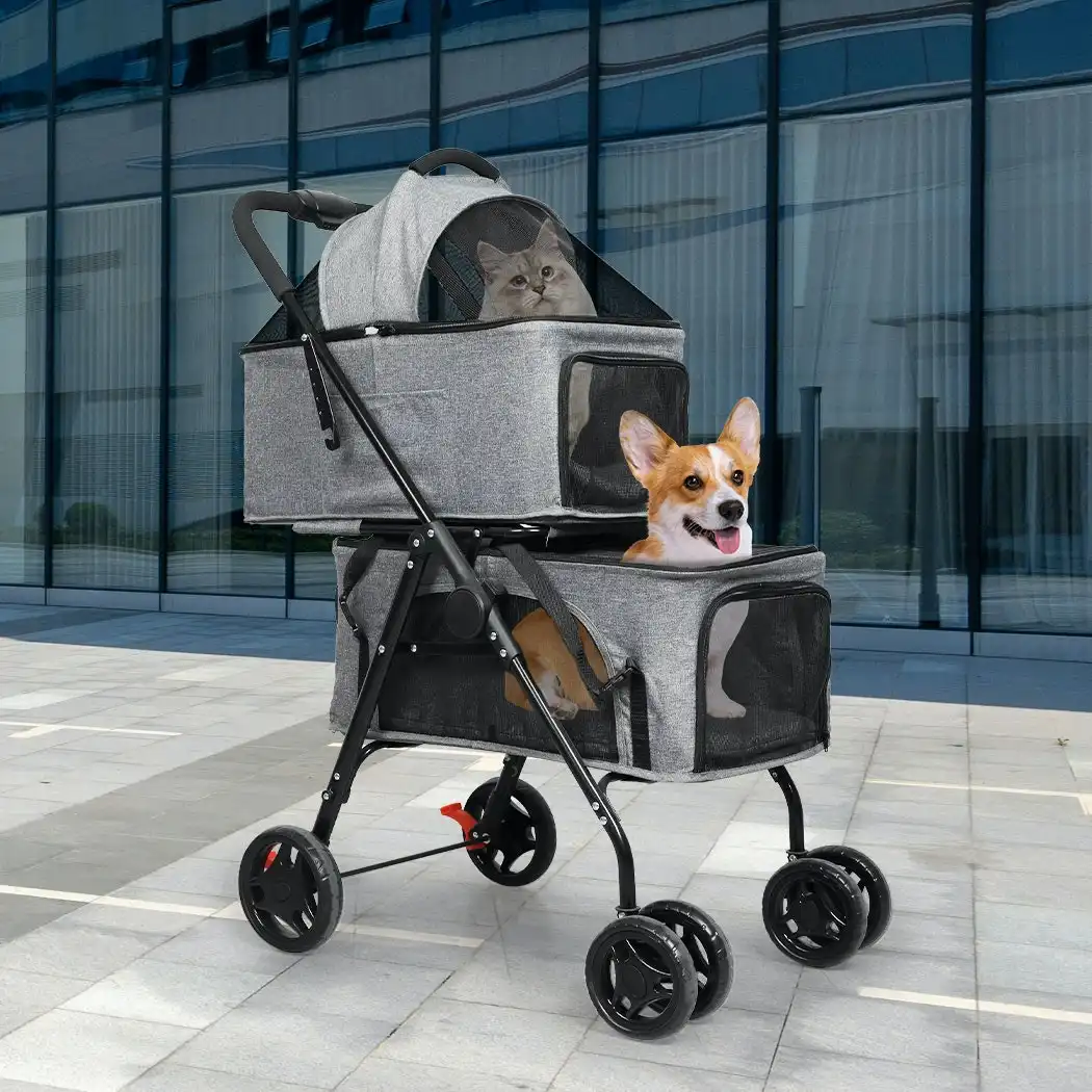 Pawz 2-tier Pet Stroller Double Dog Pram Cat Carrier Travel Pushchair Foldable