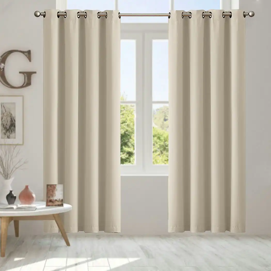 Traderight Group  2x Blockout Curtains Panels 3 Layers Eyelet Room Darkening 132x160cm Beige