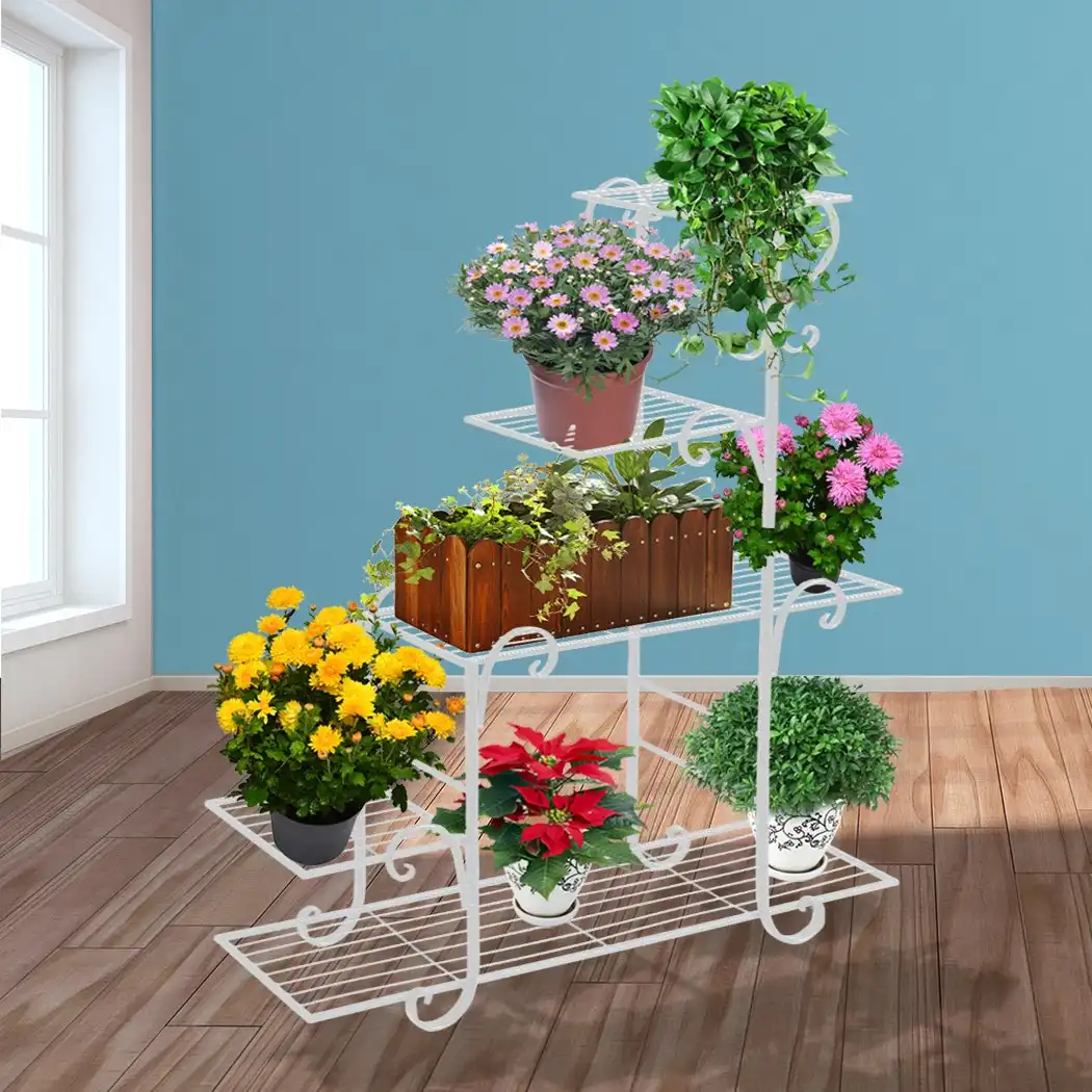 Levede Plant Stand Outdoor Indoor Metal Flower Pots Rack Corner Shelf White