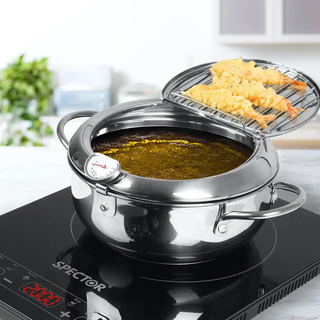 Toque 24cm Japanese Deep Frying Pan Pot Thermometer Kitchen Tempura Fryer Silver