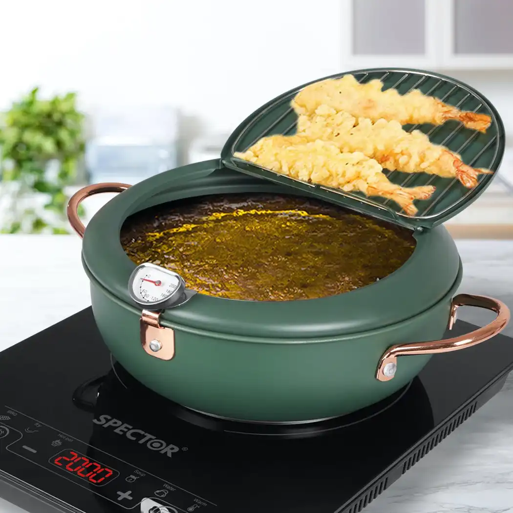 Toque Japanese Deep Frying Pot 24cm Tempura Fryer Pan Stainless Steel Green