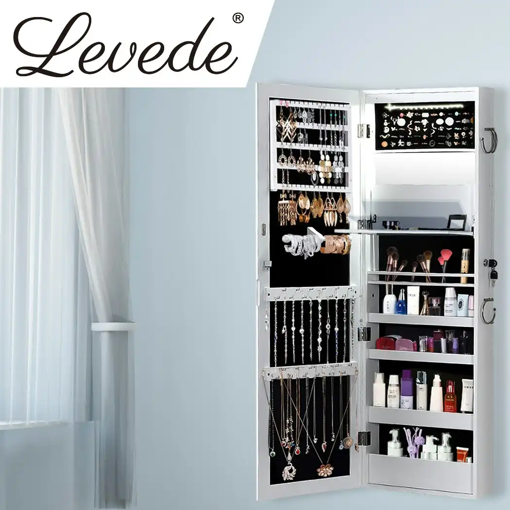 Levede Mirror Jewellery Cabinet Jewelry Box Wall Mounted Hang Over LED White