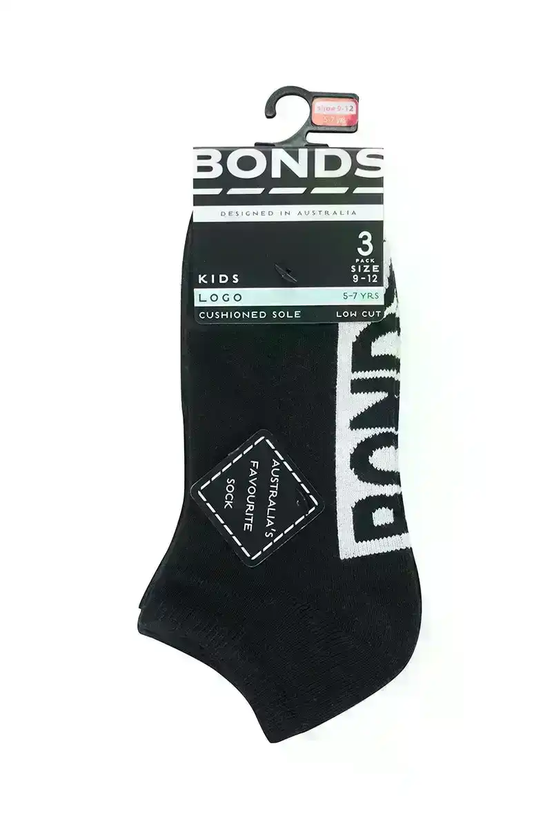3 Pairs Bonds Kids Socks Boys Girls Low Cut Logo Cushioned Sole Black