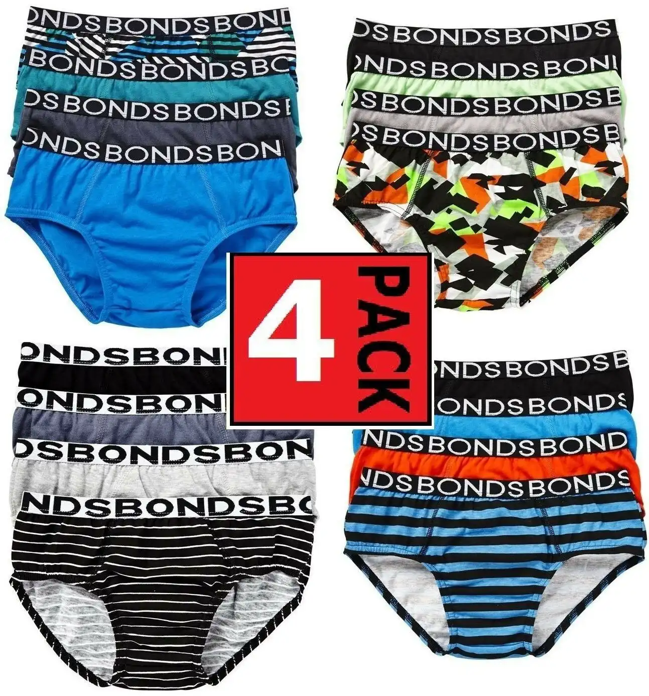 Bonds Boys Kids Underwear 4 Pairs Undies Brief Briefs Black 2 3 4 6 8 10 12 14