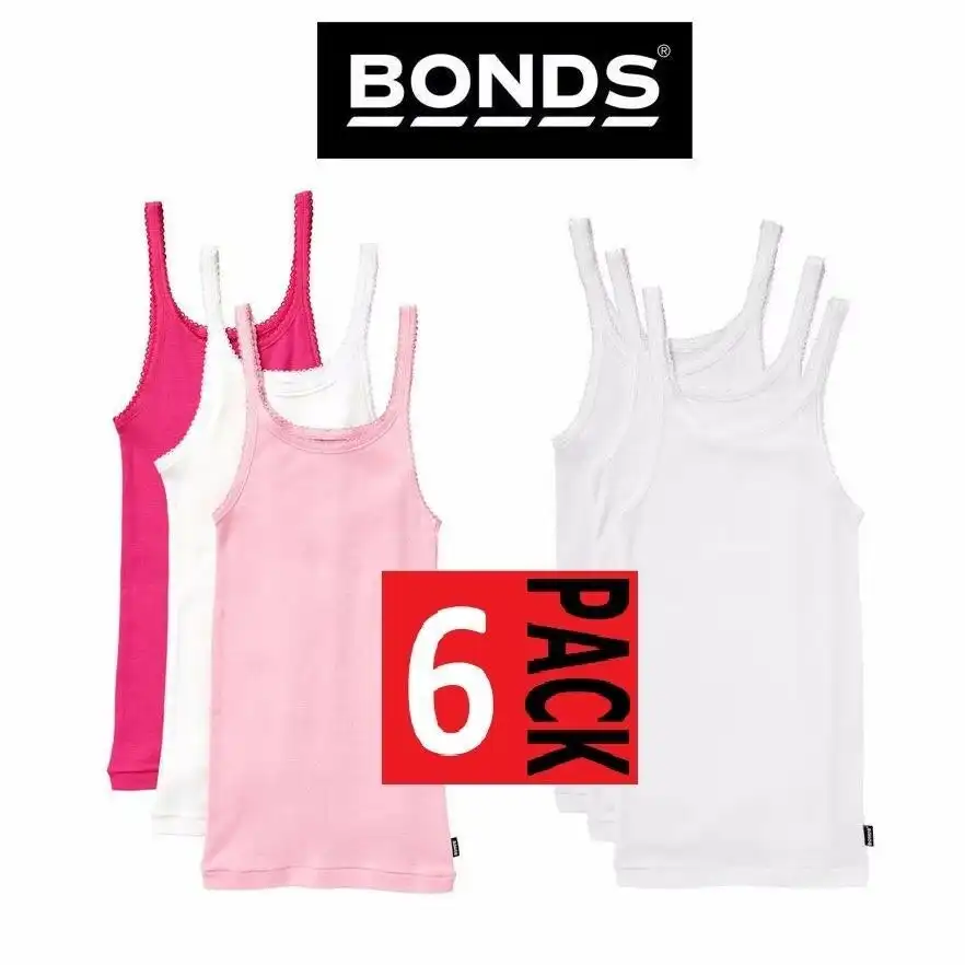 6 Pack X Bonds Girls Singlet Cotton Vest Chesty Pink White Kids Underwear