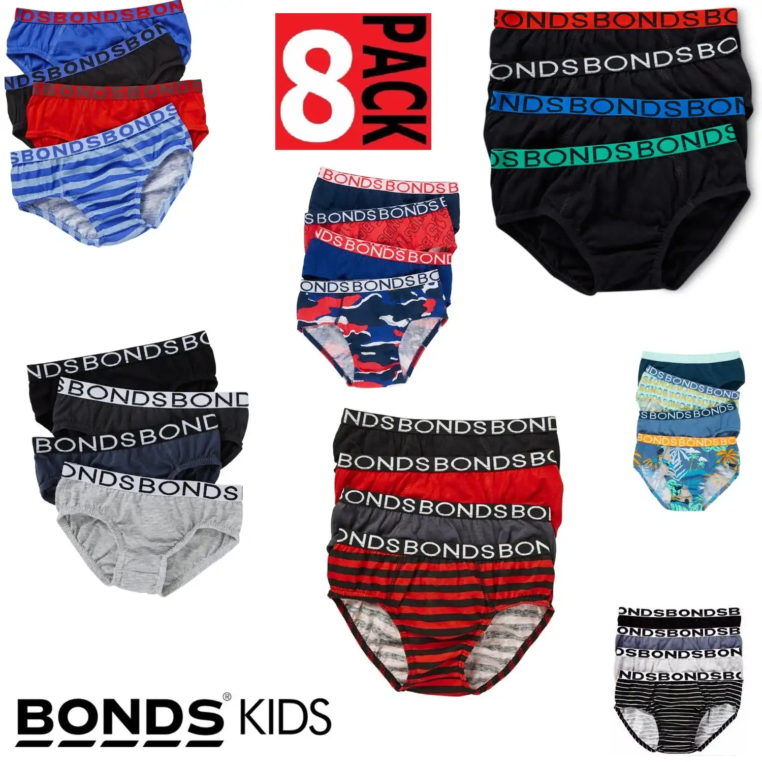 8 x Bonds Boys Briefs Underwear Undies Jocks Random Mixed Patterned Kids Bottoms
