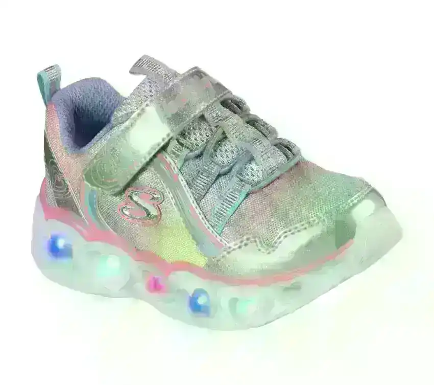 Kids Skechers Heart Lights - Rainbow Lux Silver/Multi Infant Girls Light Up Trainers