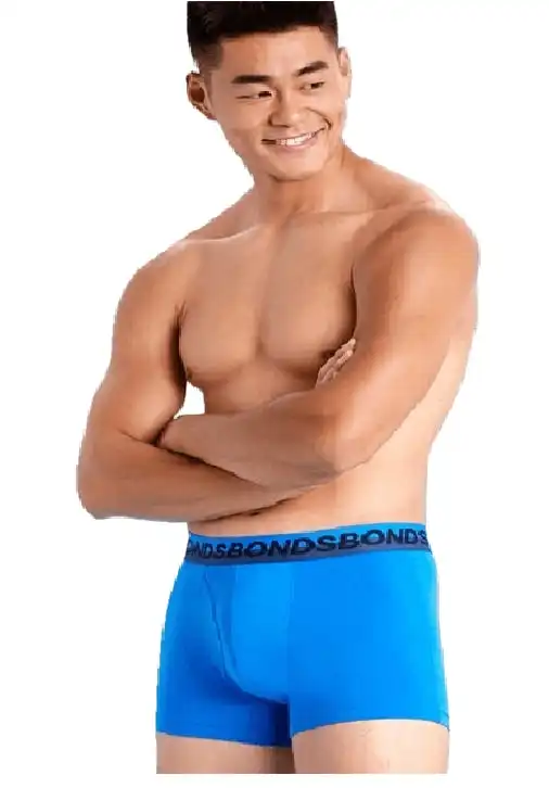 3 x Mens Bonds Stretchables Everyday Trunks Underwear Blue With Grey Band