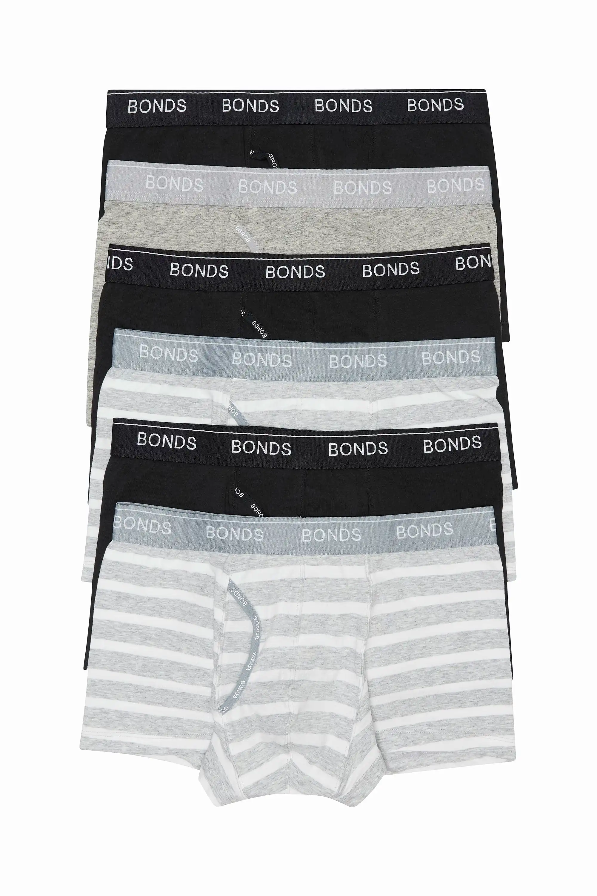 6 x Bonds Mens Guyfront Trunks Underwear Black/Grey/Grey Stripe