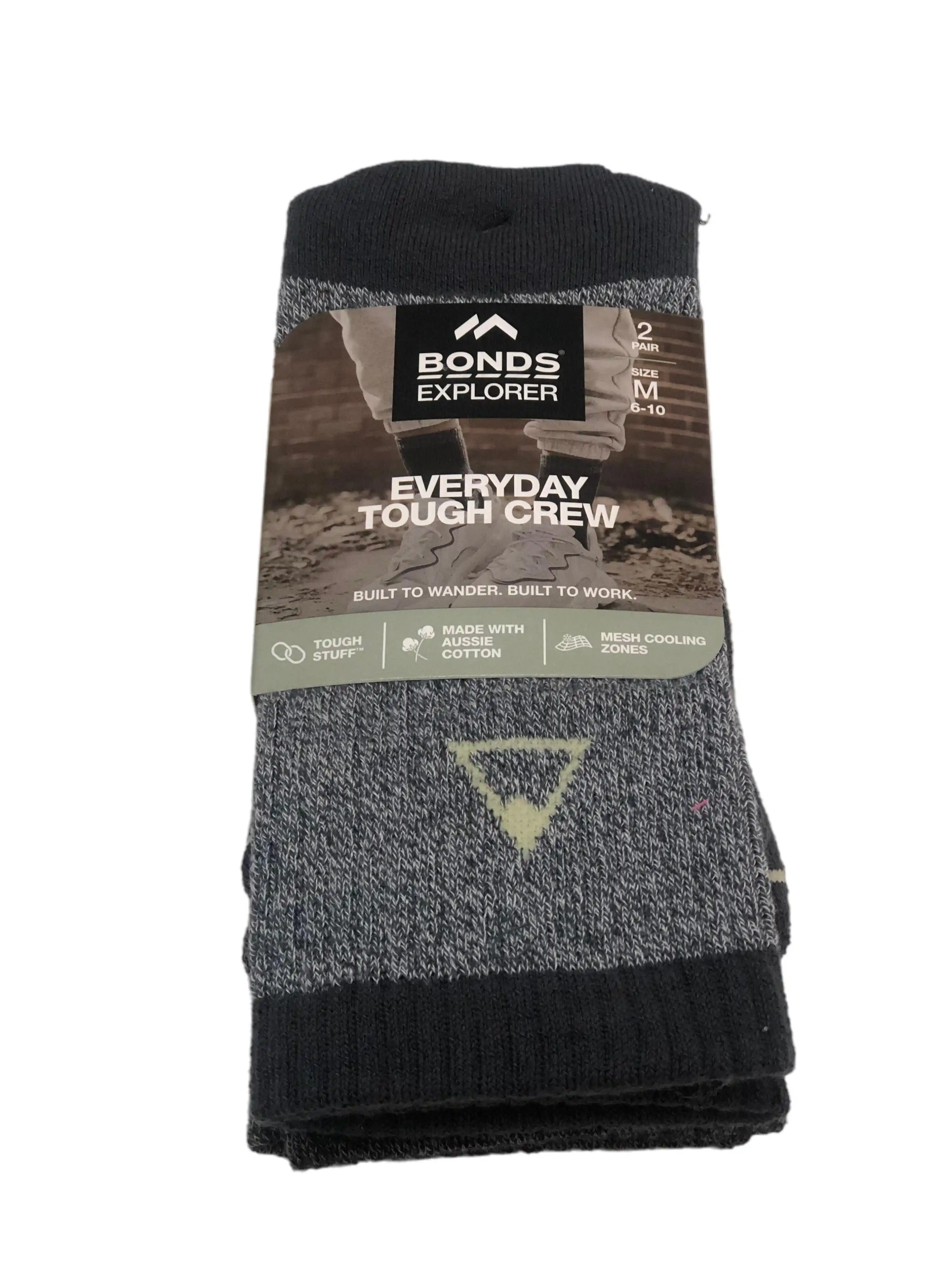 Bonds Explorer 2 Pairs Everyday Tough Crew Cotton Blend Socks - Grey 09K Print