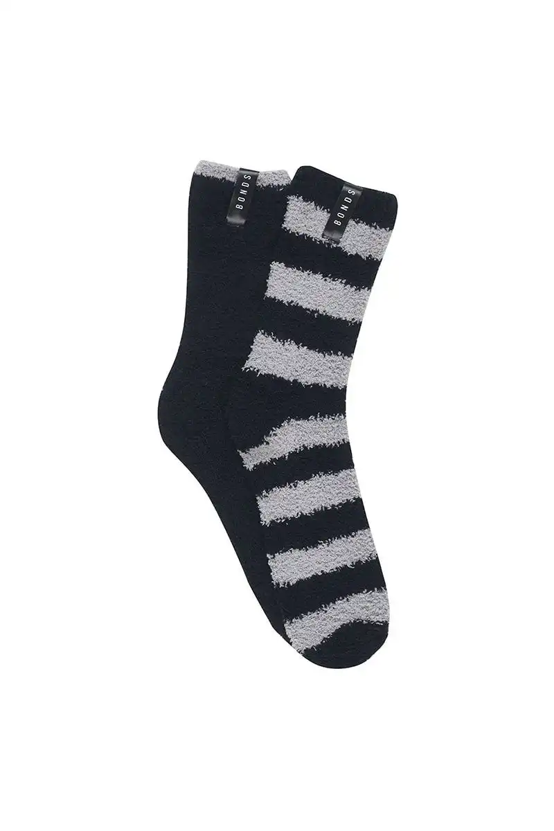 2 x Mens Bonds Super Soft Crew Socks Marshmallow Home Socks Black Grey