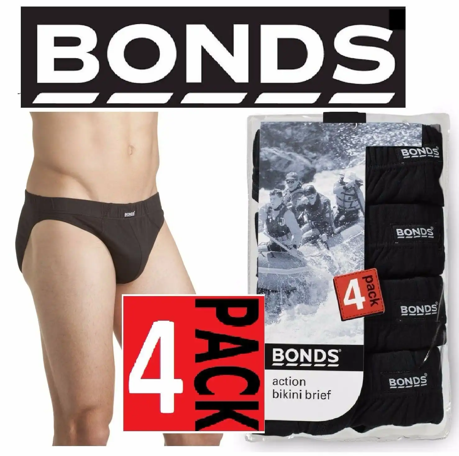 Bonds Mens 4 Pairs Black Action Bikini Brief Underwear Jocks Size S M L Xl Xxl