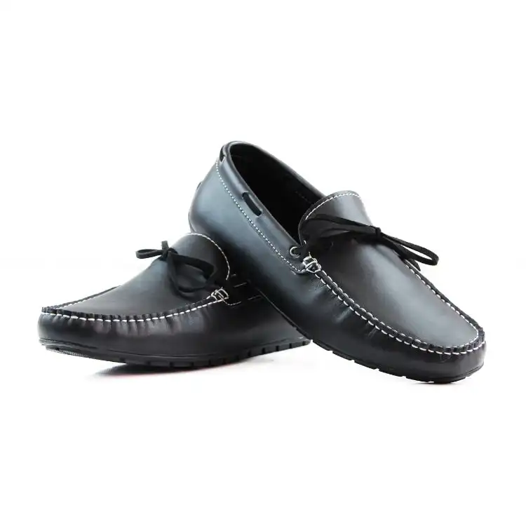 Zasel Anchor Boat Shoes Black Leather Mens Casual Slip On Deck Grip Loafers