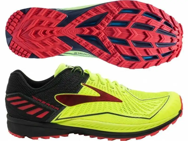 Mens Brooks Mazama Trail Black Fluro Lime Red Running Training Gym Runners Shoes