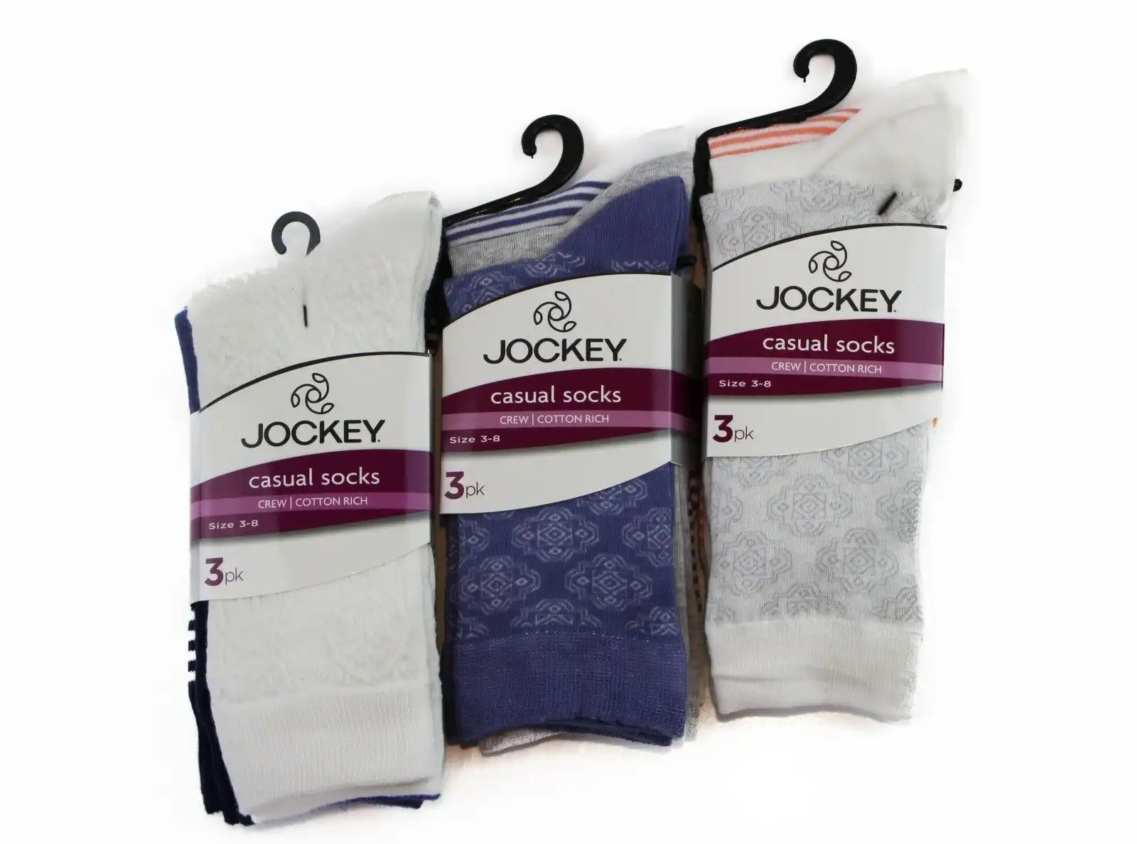 Womens Jockey 3 Pairs Crew Cotton Rich Sports Work White Purple Socks Size