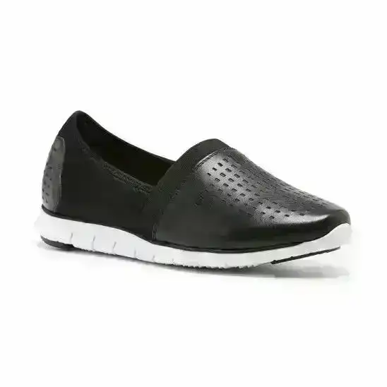 Ladies Womens Hush Puppies Ando Black Slip On Leather Casual Shoes Flats