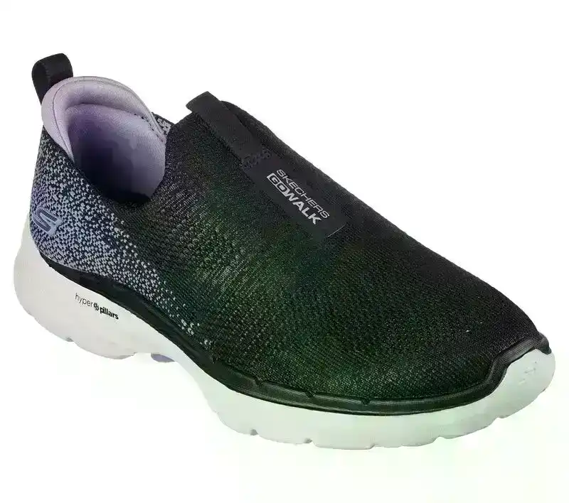 Womens Skechers Go Walk 6 - Glimmering Black/Lavender Slip On Sneaker Shoes