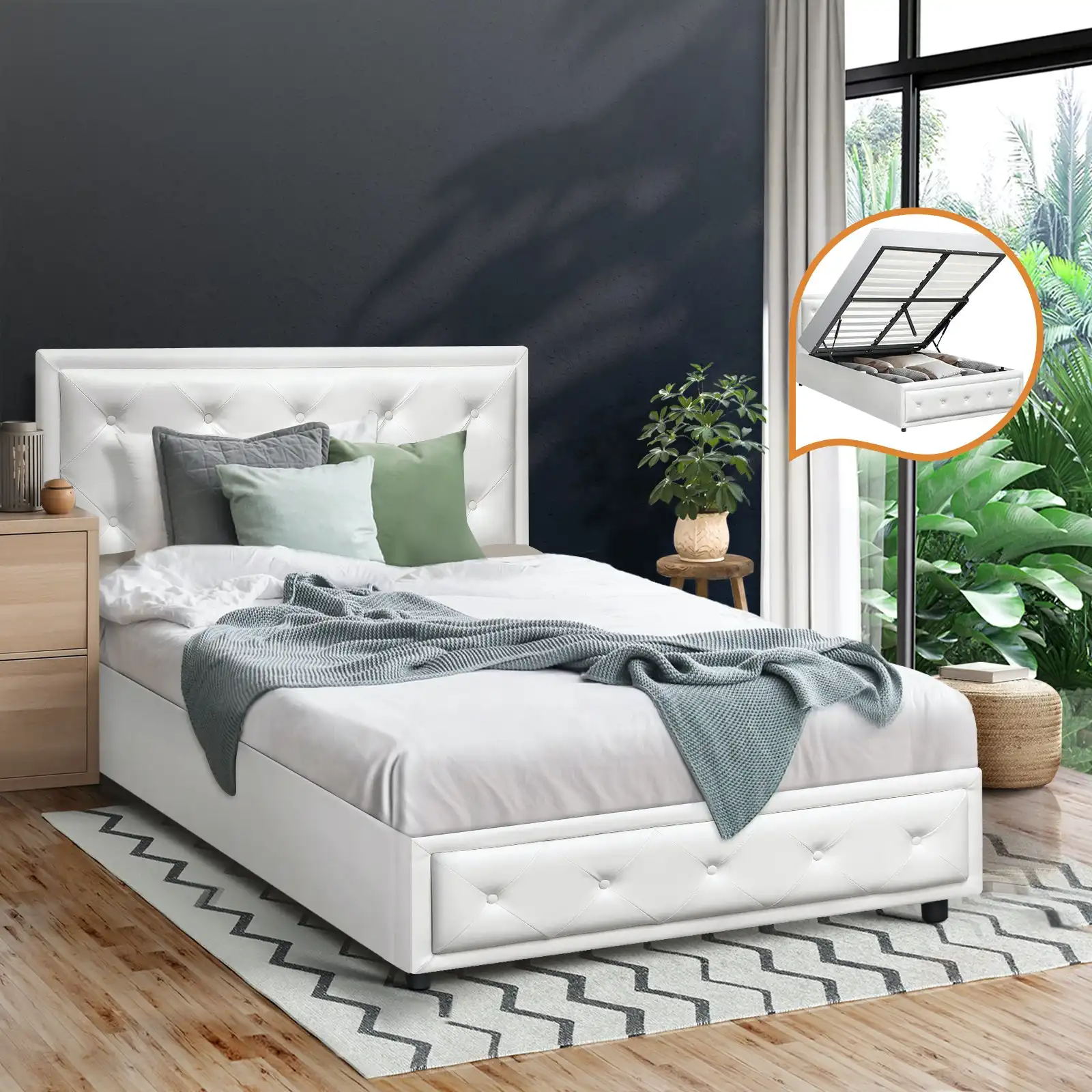 Oikiture Bed Frame King Single Size Gas Lift Base With Storage White Leather