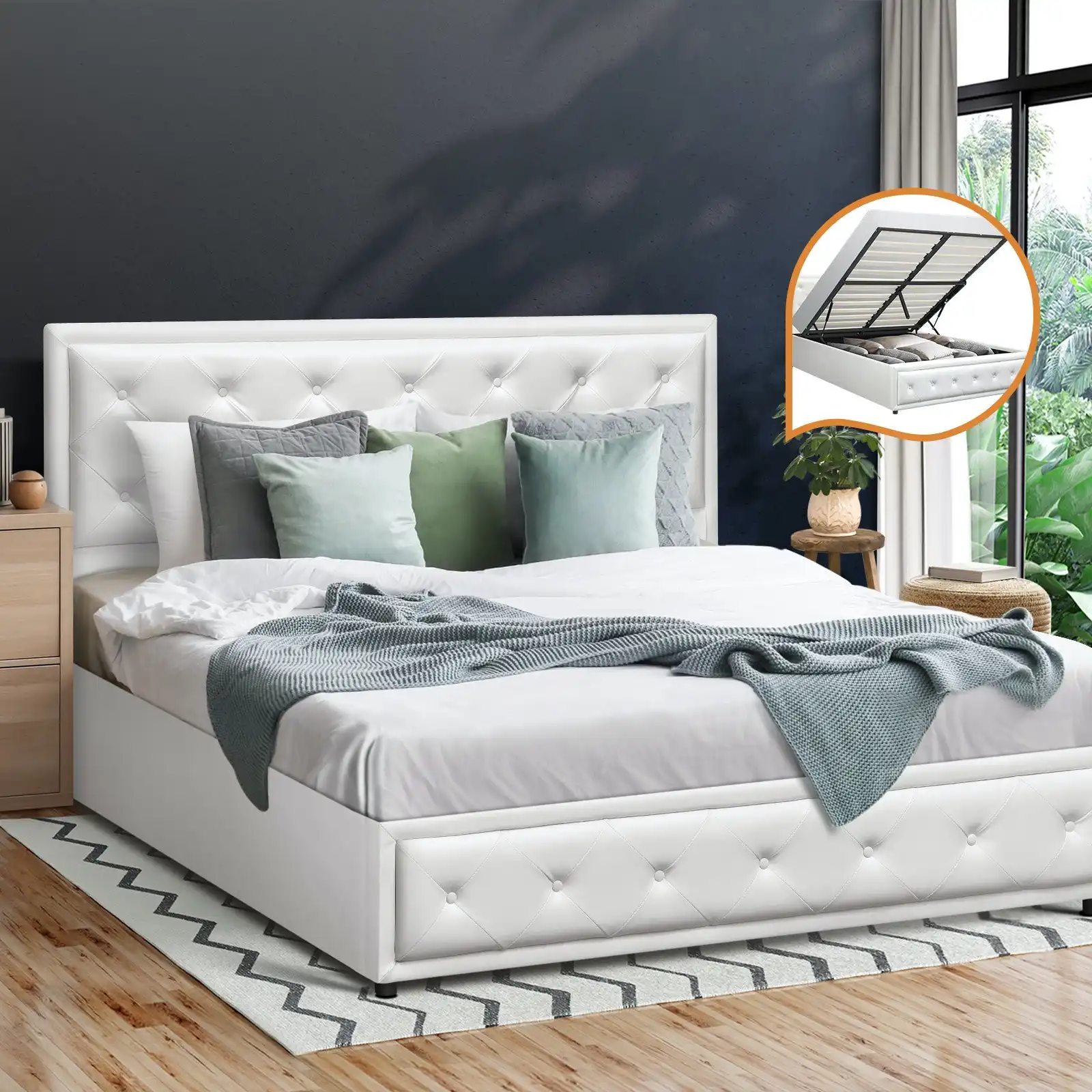 Oikiture Bed Frame Double Size Gas Lift Base With Storage White Leather