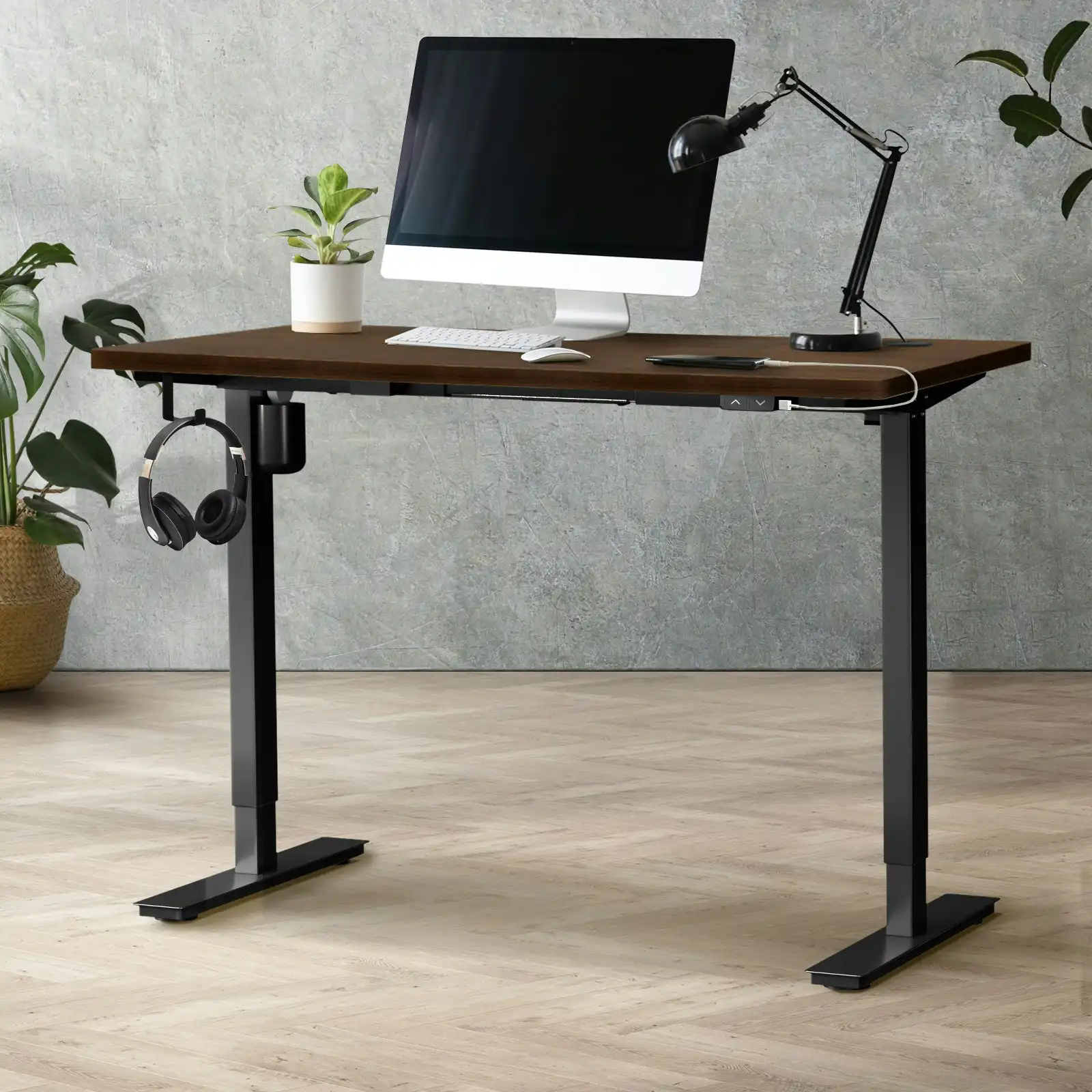 Oikiture 140cm Electric Standing Desk Single Motor Black Frame Walnut Desktop